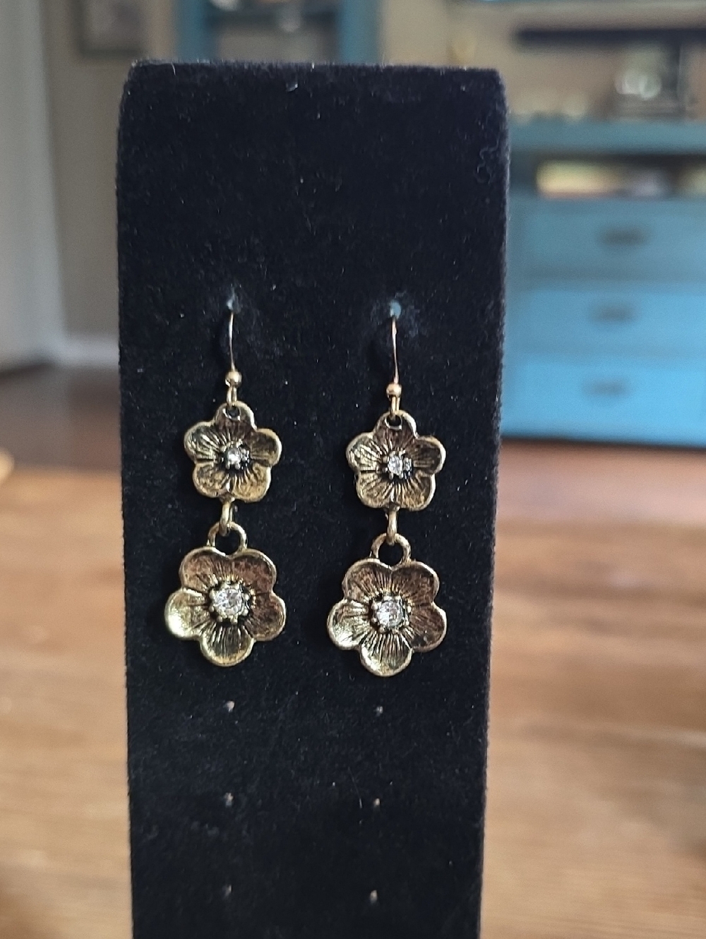 Gold Floral Drop Earrings with Crystal Centers